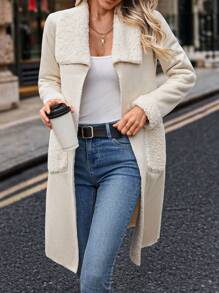 Chiquease 时尚优雅休闲毛绒衬里中长翻领米色外套，适合秋冬季 - 杏色 - 查看 1