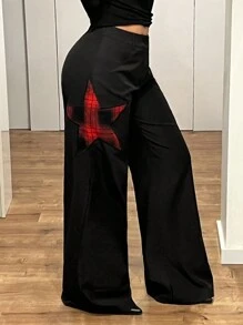 SHEIN ICON Loose Fit Red Black Star Applique Pants - Black - View 5