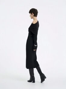 SHEIN LUNE 女士休闲斜肩长袖针织毛衣连衣裙，秋冬 - 黑色 - 查看 4