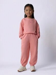 SUMWON Young Girls Soft Crop Cuff Sweater And Jogger With Embroidery 2 Piece Set