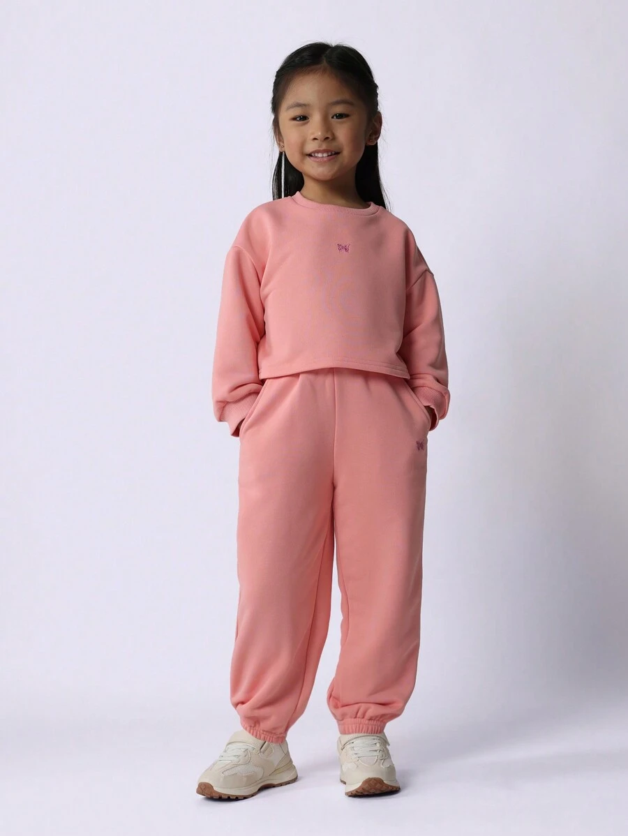 SUMWON Young Girls Soft Crop Cuff Sweater And Jogger With Embroidery 2 Piece Set