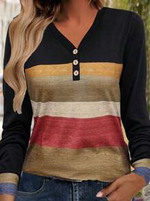 SHEIN Tall 女式 V 领纽扣长袖条纹印花拼布休闲针织 T 恤，随机印花图案 T 恤女式春季上衣 - 彩色 - 查看 3