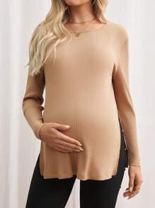 SHEIN Maternity Ribbed Knit Split Hem Tee Autumn Long Sleeve T-Shirt - Khaki - View 3