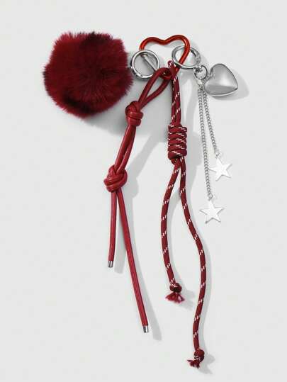 Kawaii 1 pezzo Accessorio da borsa alla moda e carino con sfera di peluche leopardata rossa, catena d argento a forma di stella e cuore, cinturino in pelle rossa regolabile, portachiavi a forma di cuore, adatto per donne, per uso quotidiano o regalo di San Valentino