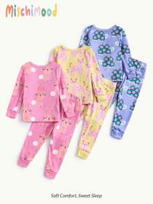 6pcs/Set Baby Girls' Minimalist Fashion All Over Print Turtle, Rabbit, Cat Animal Pattern Long Sleeve Tight Fit Pajamas - Multicolor - View 2
