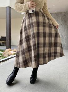 Dazy Plus Elastic Waist Plaid Mid-Length A-Line Pleated Skirt, Loose School Style, All Seasons