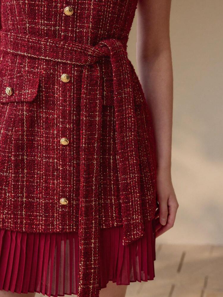 TWEED PLEATED BUTTON FRONT DRESS