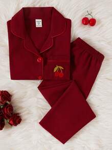 Young Girl Minimalist Lovely Cherry Embroidered Burgundy Loose Fitting 2pcs Pajama Set,Comfortable - Burgundy - View 1
