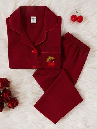 Young Girl Minimalist Lovely Cherry Embroidered Burgundy Loose Fitting 2pcs Pajama Set,Comfortable