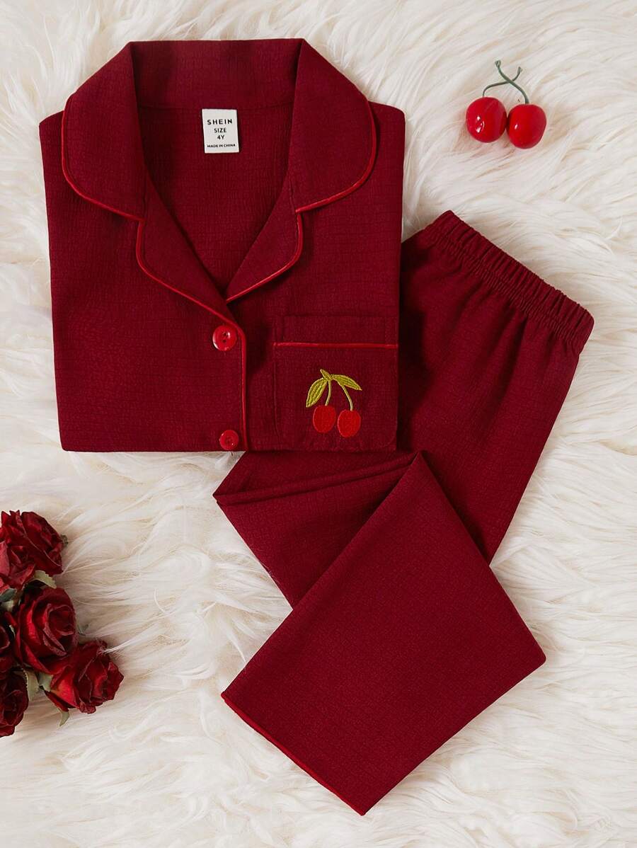 Young Girl Minimalist Lovely Cherry Embroidered Burgundy Loose Fitting 2pcs Pajama Set,Comfortable - Burgundy - View 1