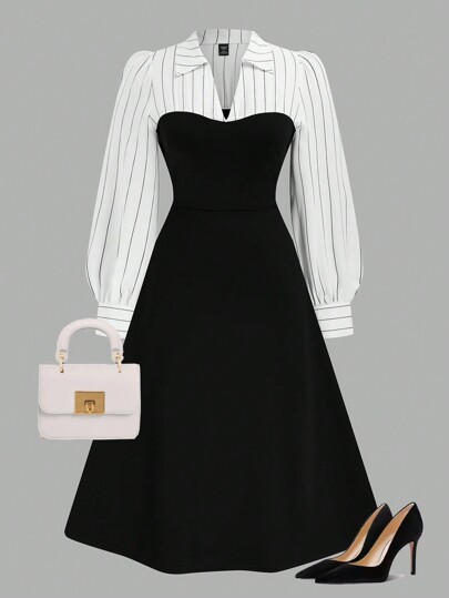 Rometta 大码女式条纹纯色拼布二合一连衣裙，优雅长袖翻领连衣裙长款女装