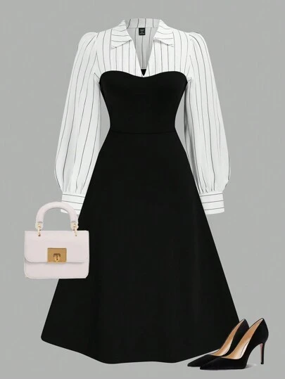 Rometta 大码女式条纹纯色拼布二合一连衣裙，优雅长袖翻领连衣裙长款女装