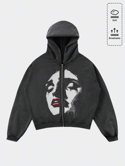 Grunge Punk Sudadera con capucha con cremallera y estampado gráfico de lavado vintage para hombre