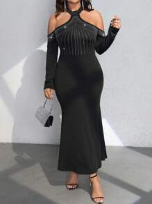 SHEIN Unity Vestido Elegante Longo Com Ombro Aberto, Manga Longa, Bainha de Sereia, Decorado com Strass, Plus Size, Conjunto Mulheres Maxivestido - Preto - Visão 4