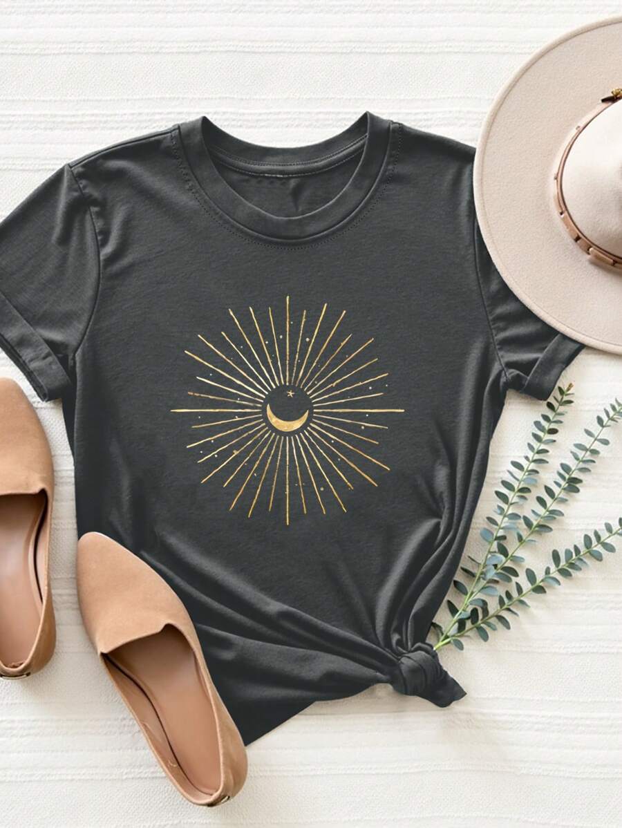 SHEIN LUNE Áo thun cổ tròn in hình sao và mặt trăng thường ngày cho nữ Áo thun họa tiết cho nữ - Xám - Xem 1