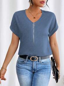 EMERY ROSE 女士纯色前拉链短袖休闲上衣，日常穿着 - 藍色 - 查看 5