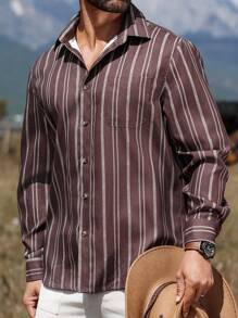 Manfinity Homme Casual Men's Striped Print Button Down Long Sleeve Shirt - Brown - View 3