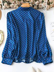 SHEIN Clasi 大码休闲几何印花泡泡袖衬衫，秋季女式衬衫 - 寶藍色 - 查看 2