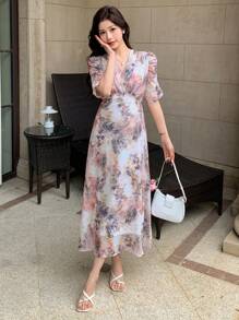 DAZY V-Neck Floral Print Puff Sleeve Mid-Length Dress For Women