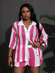 Slaydiva Bộ đồ áo len kẻ sọc và quần short đơn giản giản dị cỡ lớn cho nữ mùa hè - Màu Hồng Tươi - Xem 7