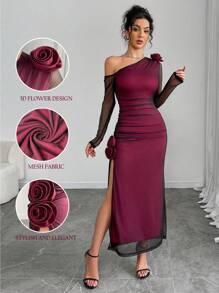 Chiquease Women's Elegant 3D Floral Mesh Ruched Asymmetrical Maxi Split Dress - Multicolor - View 1