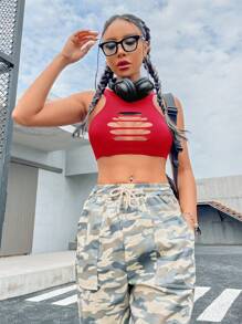 SHEIN ICON Y2k Grunge Black Cut Out Front Ribbed Knit Crop Tank Top - Red - View 4