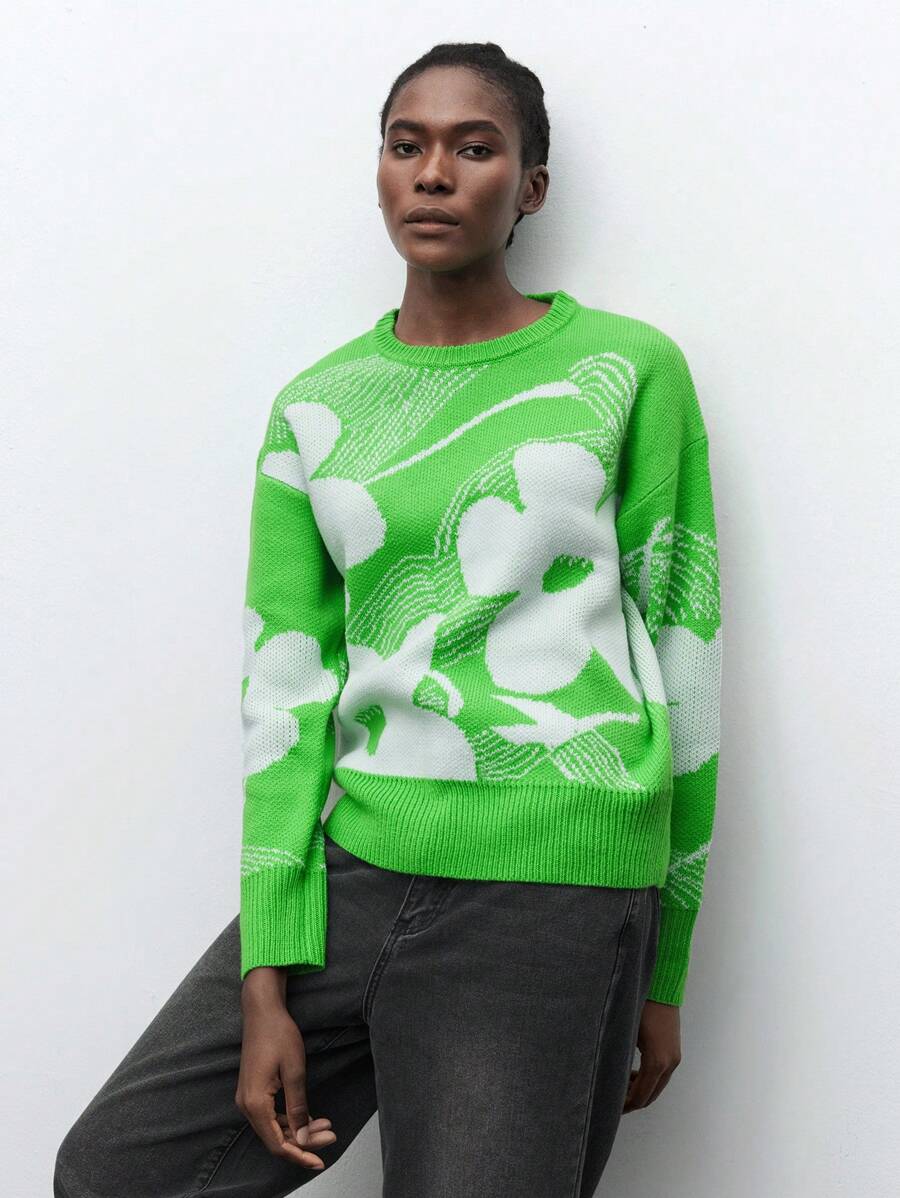 Maija Women's Floral Pattern Knit Sweater, Casual Daily Urban Wear For Winter, Suitable For Christmas, Holiday, Party, Outdoor Occasions Valentine's Day - Multicolor - View 1
