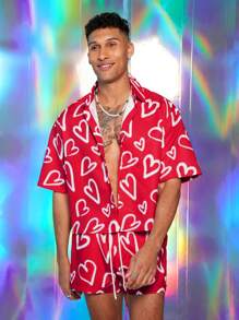 FeverCity Men's Digital Love Print Loose Woven Short Sleeve Shirt Set, Suitable For Summer