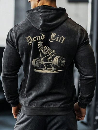 Manfinity Sport PWRUP Boyfriend Style Men's Casual Skull Letter Print Long Sleeve Hooded Sweatshirt, Autumn Active Wear Graphic Gym Sports Sweatshirt Halloween Party