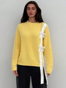 Aloruh Ladies' Pink Bow Detail Loose Knit Sweater, Warm For Autumn & Winter - Pink - View 3