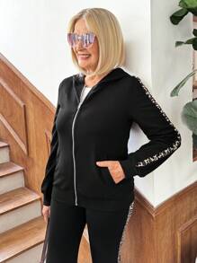 Miaspire 2pcs Women Casual Set, Front Zipper Long Sleeve Solid Color Patchwork Hoodie And Pants