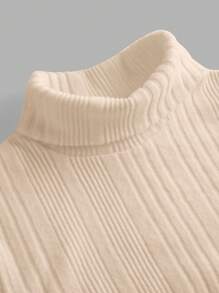 SHEIN Solid Color High Neck Knitted Long Sleeve Fitted Ribbed Texture Comfortable Base Layer Pullover T-Shirt, Versatile & Elegant Design For Teen Girls - Apricot - View 4