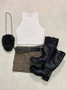 SHEIN EZwear White Graphic Crop Tank Top: Edgy Concert Clothes With Butterfly And Lips Print,Summer Tops - White - View 2