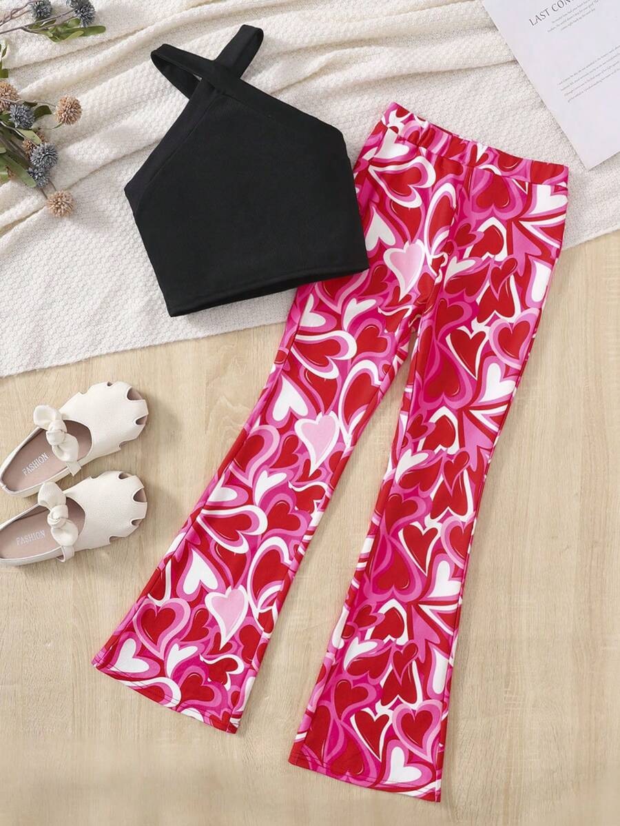 2pcs/Set Tween Girls Casual Streetwear Y2K Crossback Camisole Top And Slim-Fit Heart Print Flare Leg Pants, Suitable For Home, Outdoor, School, Spring/Summer