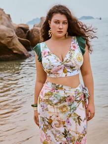 SHEIN Swim Curve Große Größen Damen 3 Stücke Set mit Blume Muster, V-Ausschnitt, Volantärmel Bikini Set mit langem Wickel-Strandkleid, romantisches Strandurlaubs-Outfit für den Sommer - Verschiedenfarbig - Übersicht 5