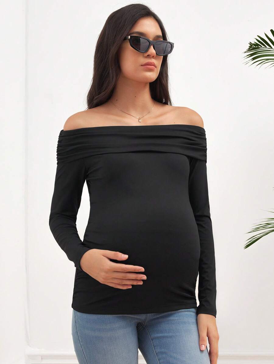 SHEIN Women's Solid Color T-Shirt, Off-Shoulder Fitted Maternity Tops, Autumn - Black - View 1