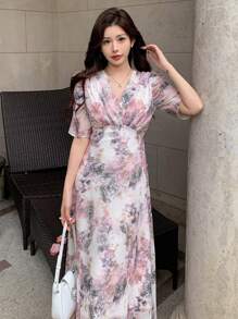 DAZY V-Neck Floral Print Puff Sleeve Mid-Length Dress For Women