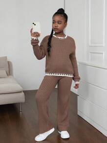 Sparklyn Tween Girls Minimalist Contrast Trim Khaki Knit Sweater & Pants Set, Ideal For Casual Wear In Autumn/Winter - Khaki - View 6