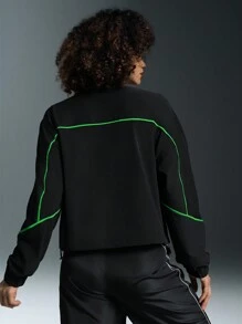 Powerista 女士字母条纹印花拉链宽松运动夹克 - 黑色 - 查看 2