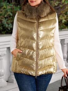 EMERY ROSE Plus Size Sleeveless Zipper Pocket Winter Coat With Fur Collar, Simple Fashion Casual Outerwear For Daily Wear, Thanksgiving Women, New Years Women ,Winter Coats - Gold - View 5