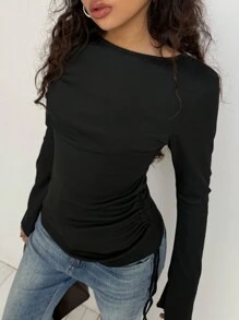 INAWLY Women Casual Solid Color Bell Sleeve Side Drawstring T-Shirt, Autumn Spring Top - Black - View 5