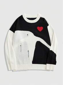 ROMWE MEN Street Life Męski swobodny sweter z dzianiny w bloki kolorystyczne i serduszka na Walentynki, jesień/zima