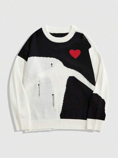 Street Life Maglione lavorato a maglia casual con motivo a cuori colorblock per l'uomo, adatto per San Valentino, autunno/inverno