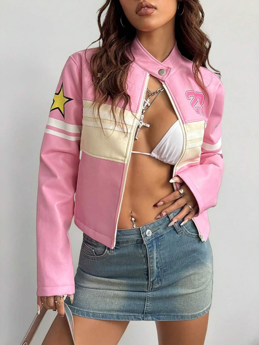 Muchica Women's Fall/Winter Y2K Color-Blocked Fitted Jacket