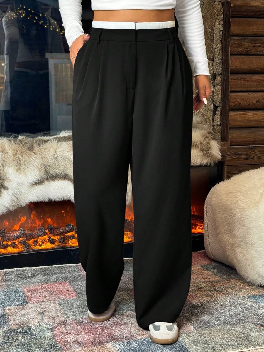 SHEIN EZwear 大码复古拼布腰带休闲直筒裤,适合秋冬女士毕业、返校、教师服装 - 黑色 - 查看 1