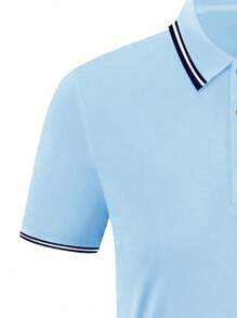 Manfinity Dauomo Men's Striped Trim Short Sleeve Casual Commute Golf Polo Shirt, For Golf Navy Blue Summer - Baby Blue - View 4