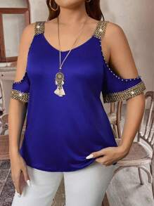 Damen Große Größen Sommer Lässig T-Shirt mit freien Schultern und kurzen Ärmeln mit Webstoff Damen Oberteil