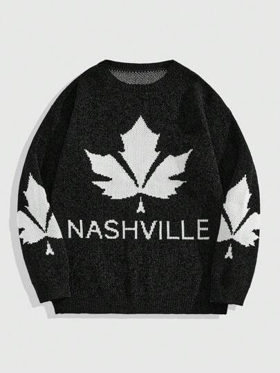 Street Life Men's Crew Neck Maple Leaf Jacquard Fuzzy Knitted Sweater, American Chic Style
