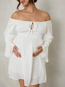 MaterniChic Romantic Off-Shoulder Flounce Sleeve Waist Maternity Dress, Valentine's Day - White - View 4