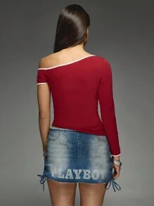 Missguided x Playboy Asymmetric One Sleeve Crop Top With Bunny Logo Graphics Fashion Forward Party Club Wear Essential Bold Statement Piece Festival Summer Spring Dancing - Burgundy - View 2